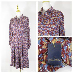 Brooks Brothers Animal Print Silk A-line Long Sleeve Midi Shirt Dress 4 $398